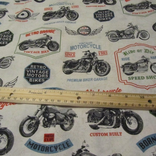 White Vintage Motorcycle Cotton Fabric by the Yard