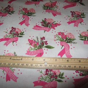 Hope in Bloom Cotton Fabric: Breast Cancer Awareness Ribbons & Flowers