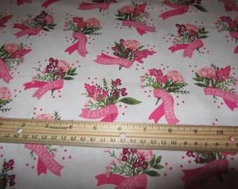 White Riley Blake Hope in Bloom Ribbons/Flowers Breast Cancer Awareness Cotton Fabric by the Half Yard
