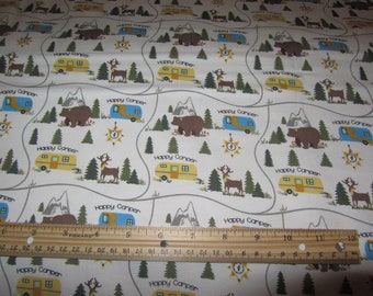 White Woodland Animal/Bear/Deer/Camping Theme Flannel Fabric by the Yard