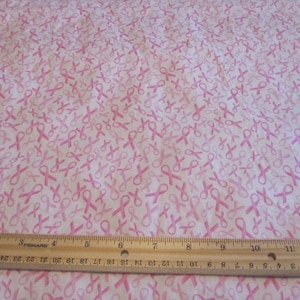 White With Pale Pink Ribbons Breast Cancer Awareness Cotton Fabric by the Half Yard