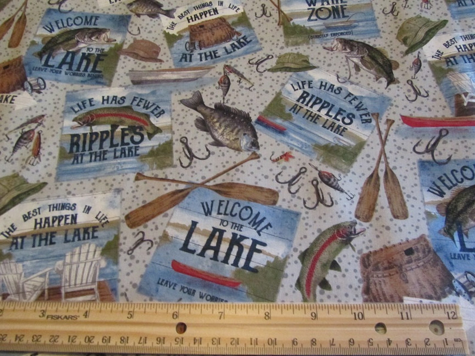 White/gray Riley Blake at the Lake Fishing Theme Cotton Fabric Etsy