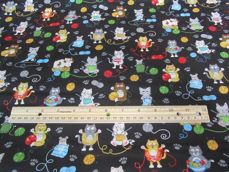 Black With Multicolored CatKitten with Yarn Cotton Fabric By the Yard