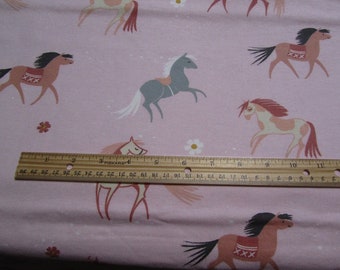 Pink With Multicolored Horses and Pastel Flowers Flannel Fabric  by the Yard