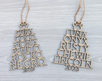Personalized Pet Names Wooden Christmas Tree Ornament 2023
