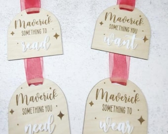 Personalized Wooden Gift Tags Set – "Want Need Wear Read"