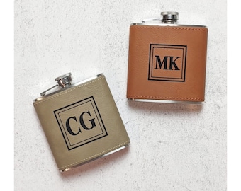 Personalized Leather Wrapped Flask, Engraved Stainless Steel, Groomsmen Gift