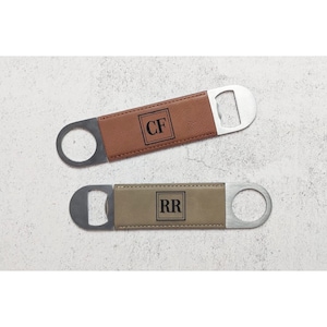 Engraved bartender bottle opener, leather/stainless bottle opener, Personalized bottle opener, custom bottle opener