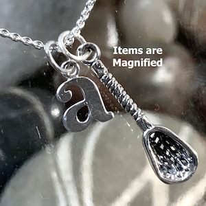 Sterling Lacrosse Necklace, Sterling Lacrosse charm, Sterling typewriter Initial, Lacrosse Jewelry, LAX necklace, LAX Jewelry, Lacrosse Mom