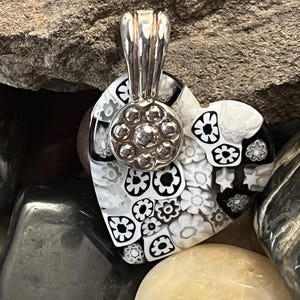 Vintage Sterling Millefiori Glass Heart, Daisy Murano glass heart, Venetian Glass Black and White Flower Heart, Vintage Millefiori Pendant