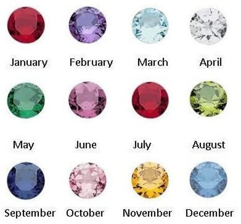 May include: A chart showing the birthstones for each month of the year. January: Garnet, February: Amethyst, March: Aquamarine, April: Diamond, May: Emerald, June: Alexandrite, July: Ruby, August: Peridot, September: Sapphire, October: Opal, November: Topaz, December: Tanzanite.