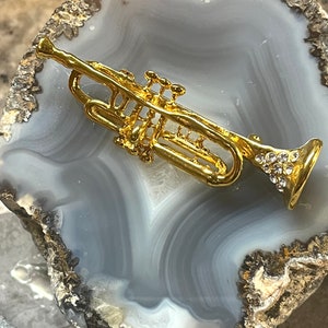 Trumpet Pin with Crystals, Marching Band Jewelry, Trumpet Charm, Trumpet Pin, Brass Horn Jewelry, Orchestra Jewelry