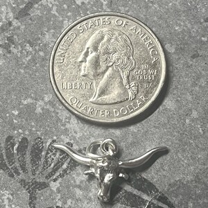 May include: Silver charm of a longhorn steer head with large horns. The charm is about the size of a US quarter.