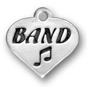 May include: Silver heart-shaped charm with the word "BAND" and a musical note engraved on it.