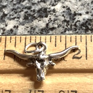 May include: Silver charm of a longhorn steer head with horns, approximately 1 inch wide, measured against a ruler.