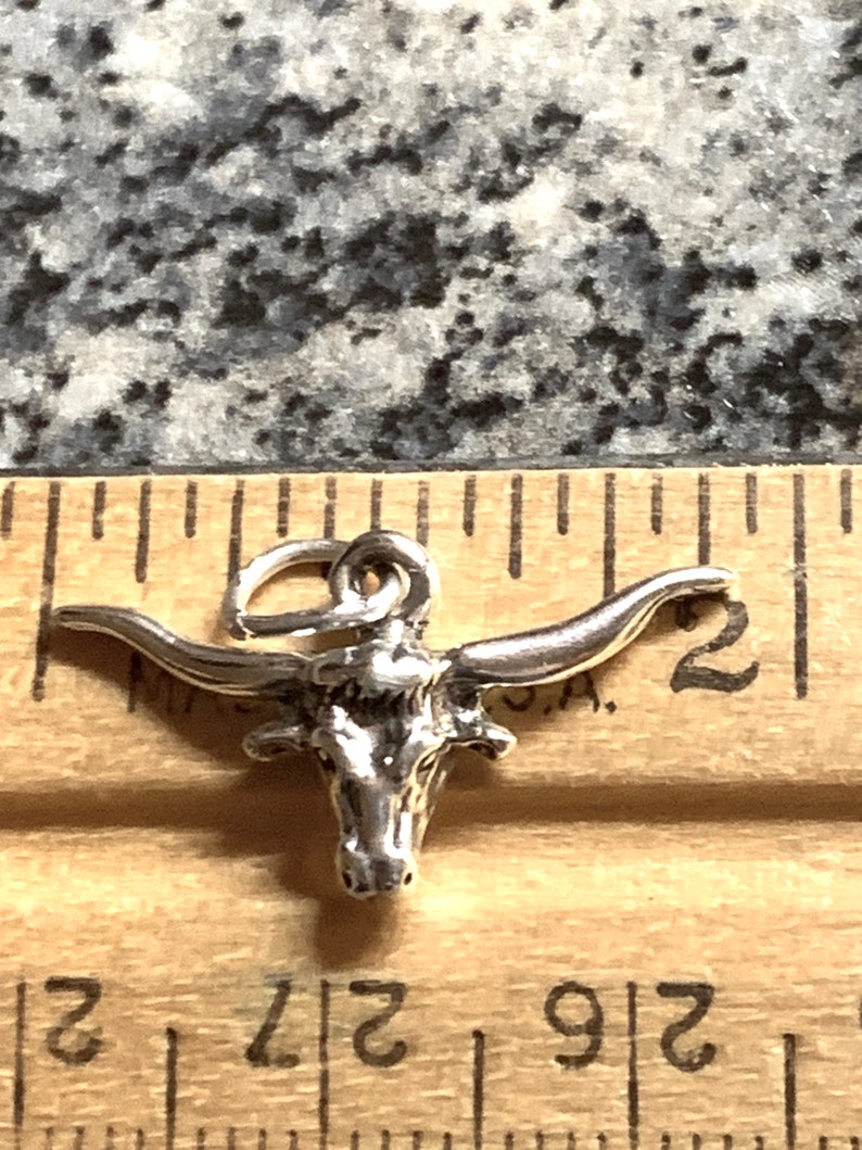 May include: Silver charm of a longhorn steer head with horns, approximately 1 inch wide, measured against a ruler.