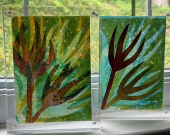 Light Transforming Botanical Collage on Gel Print, Cool Tones - multiple versions