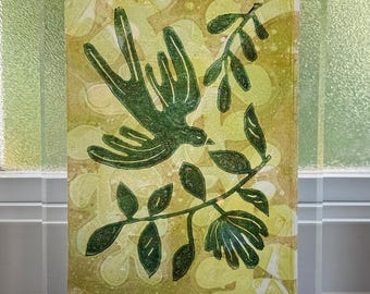 Linograbado de pájaro luminoso enmarcado sobre impresión en gel, arte mural moderno - varias versiones