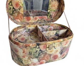 Vintage 90s Floral Decoupage Rose Print Storage Train Case Cottage Core