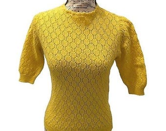 VTG Yellow Lace Knit Short Sleeve Sweater Cottagecore Pointelle 50s Vintage 60s