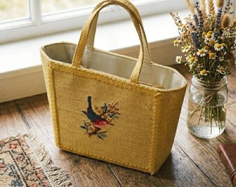 Vintage Tote Purse Small Fairycore Boho Bird Embroidery Yellow Whimsical