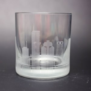 Houston Texas Skyline Custom Etched Old Fashioned Rocks Whiskey Cocktail Glass Barware Gift Personalized Engraved Cityscape Cup