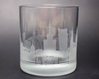 Warsaw Poland Skyline Custom Etched Old Fashioned Rocks Whiskey Cocktail Glass Barware Gift Personalized Engraved Cityscape Cup