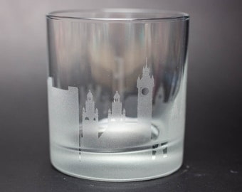 Glasgow Scotland Skyline Custom Etched Old Fashioned Rocks Whiskey Cocktail Glass Barware Gift Personalized Engraved Cityscape Cup