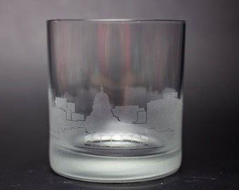 Madison Wisconsin Skyline Custom Etched Old Fashioned Rocks Whiskey Cocktail Glass Barware Gift Personalized Engraved Cityscape Cup