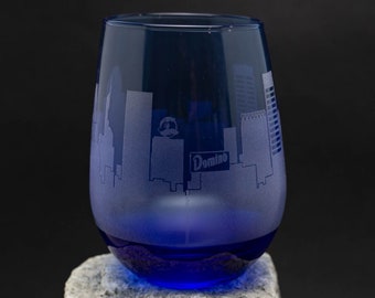 Baltimore Maryland Skyline Blue Stemless Wine Glass Tumbler - Etched Glassware Gift - Personalized Engraved Modern Cityscape custom stemware