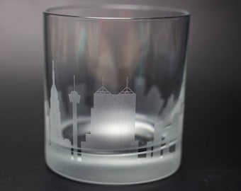 San Antonio Texas Skyline Custom Etched Old Fashioned Rocks Whiskey Cocktail Glass Barware Gift Personalized Engraved Cityscape Cup
