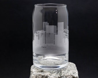 Denver, Colorado Skyline Glass Can - Iced Coffee Cup - Custom Etched Barware Gift - Glass Beer Can - Personalized Engraved Modern Cityscape