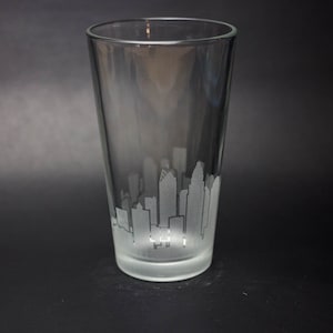 Charlotte North Carolina Skyline Etched Pint Glass Beer Glass Water Glass Custom Etched Barware Gift Panoramic Design