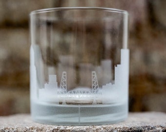 Portland Oregon Skyline Custom Etched Old Fashioned Rocks Whiskey Cocktail Glass Barware Gift Personalized Engraved Cityscape Cup