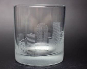 Denver Colorado Skyline Custom Etched Old Fashioned Rocks Whiskey Cocktail Glass Barware Gift Personalized Engraved Cityscape Cup