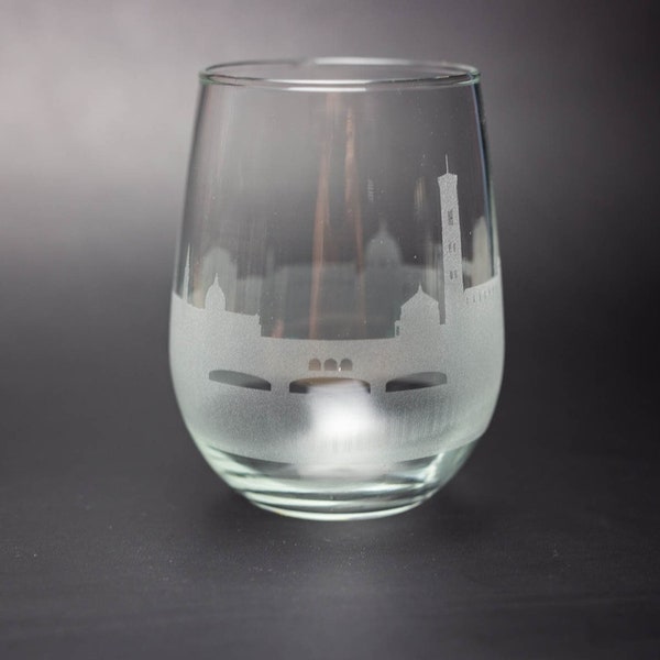 Florence Skyline Wine Glass Tumbler & Stemless Wine Glass Etched Gift - Stemware personalizado - Paisaje urbano moderno grabado personalizado