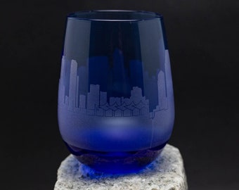 San Diego California Skyline Blue Stemless Wine Glass Tumbler - Etched Glassware - Personalized Engraved Modern Cityscape- custom stemware