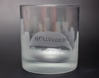 Los Angeles California Skyline Custom Etched Old Fashioned Rocks Whiskey Cocktail Glass Barware Gift Personalized Engraved Cityscape Cup