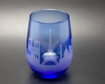 Paris France Skyline Blue  Stemless Wine Glass Tumbler - Etched Glassware Gift - Personalized Engraved Modern Cityscape- custom stemware