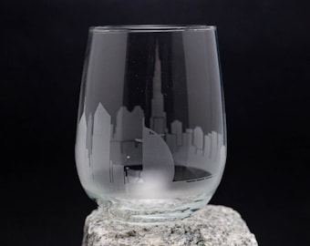 Dubai UAE Skyline Wine Glass Tumbler & Stemless Wine Glass Etched Gift - Custom Stemware - Personalized Engraved Modern Cityscape