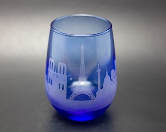 Request A Skyline Blue Wine Glass etched Tumbler - Personalized Engraved Urban Cityscape - Please Read Listing Details- custom stemware