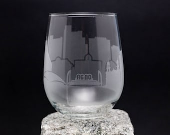 Reno Nevada Skyline Wine Glass Tumbler & Stemless Wine Glass Etched Gift - Custom Stemware - Personalized Engraved Modern Cityscape