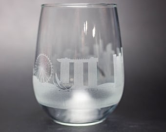 Singapore Skyline Wine Glass Tumbler & Stemless Wine Glass Etched Gift - Custom Stemware - Personalized Engraved Modern Cityscape