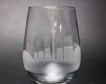 Toronto Canada Skyline Wine Glass Tumbler & Stemless Wine Glass Etched Gift - Custom Stemware - Personalized Engraved Modern Cityscape