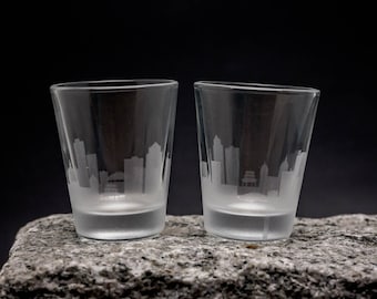 Des Moines Iowa Skyline set of 4 - 2 oz. shot glasses - custom barware gifts - city glassware personalized modern engraved cityscape