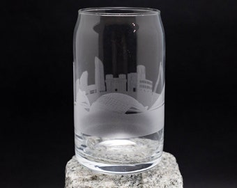 Valencia, Spain Skyline Glass Can - Iced Coffee Cup - Custom Etched Barware Gift - Glass Beer Can - Personalized Engraved Modern Cityscape