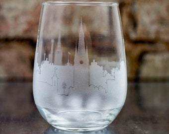 Stockholm Sweden Skyline Wine Glass Tumbler & Stemless Wine Glass  Etched Gift - Custom Stemware - Personalized Engraved Modern Cityscape