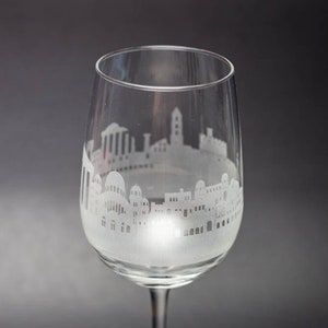 Athens Greece Skyline Wine Glass Tumbler & Stemless Wine Glass Etched Gift - Custom Stemware - Personalized Engraved Modern Cityscape