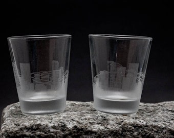 Denver Colorado Skyline set of 4 - 2 oz. shot glasses - custom barware gifts - city glassware personalized modern engraved cityscape