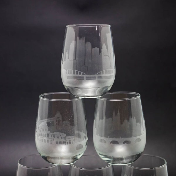 Request A Skyline Custom Etched Wine Glass & Stemless Wine Glass Etched Gift - Personalized Engraved Modern Cityscape - Please Read Listing